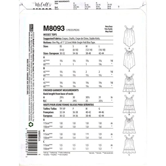 McCalls M8093 Misses XS to L Casual Loose Fitting Tops Uncut Sewing Pattern - Picture 2 of 2